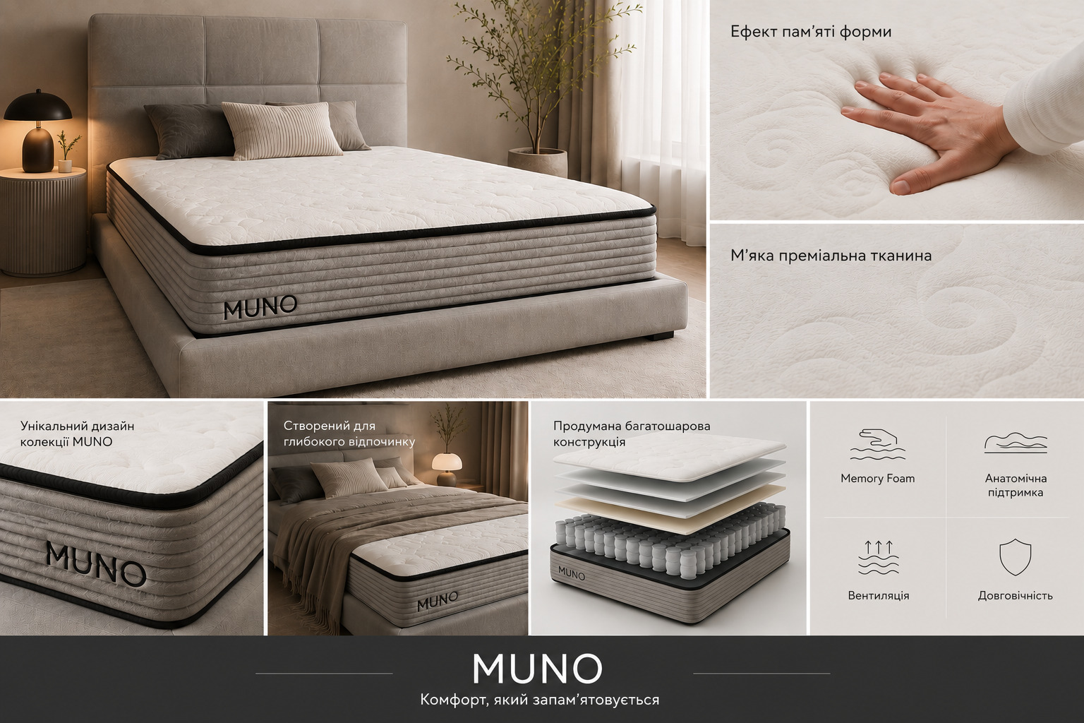 Ортопедичний матрац Muno Premium — пружинний блок Pocket Spring, середня жорсткість